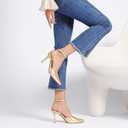 Miorap Closed Pointed Toe Kitten Slingback Heels for Women Ankle Strap Pumps Wedding Party Dressy Comfort Shoes Gold Size 7.5
