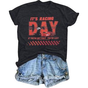 Racing Shirts for Women Race Day Tshirt Car Flag Printed Tee Racing Race Team Lover Short Sleeve Tops (Gray, XXL)