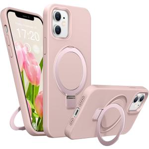 Soft Liquid Silicone Case for iPhone 12/12 Pro with Magnetic Invisible Stand, Military Grade Shockproof Protection, Anti-Scratch Microfiber Lining Covers for iPhone 12/12 Pro, Pink