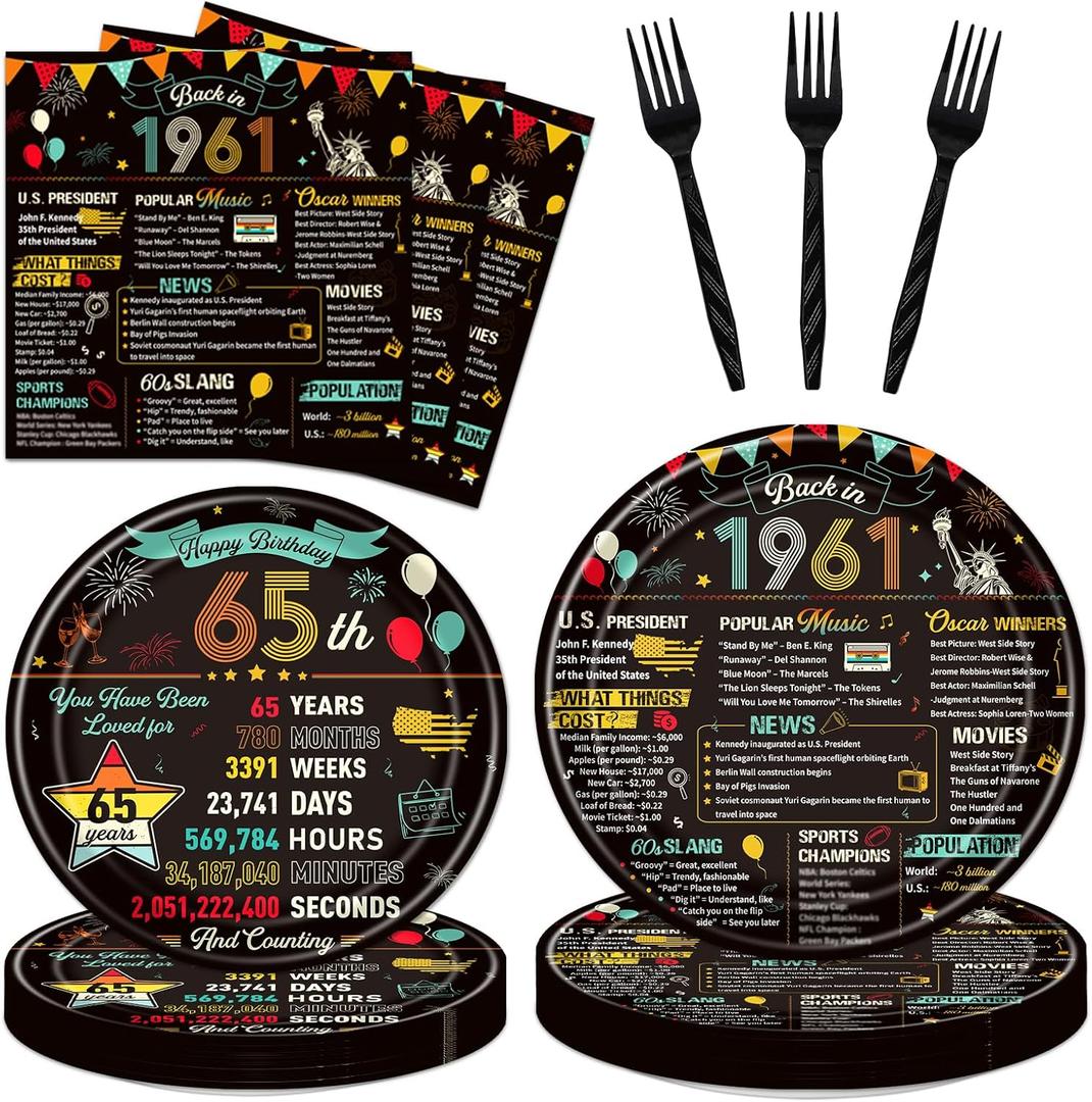 Vintage 65th Birthday Plates and Napkins, 96PCS 65th Birthday Party Decorations Supplies for Women Men, Back in 1961 Cheers to 65 Years Disposable Tableware Set Serve 24