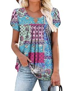 onlypuff Womens T Shirts Short Sleeve Pleated Floral Tunic Tops Dressy Casual Crew Neck Summer Boho Tops Blouses, Size 2XL