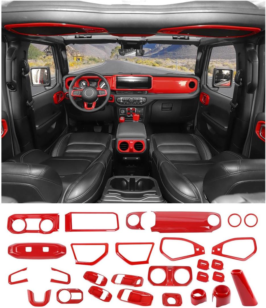 JWWY Interior Trim Kit Dress-Up Kit Decor Set Center Console Gear Shift Dashboard Panel,Door Window Switch Knob Speaker Cover Trim for 20242026 Jeep Wrangler JL JLU & Gladiator JT Red 28pcs