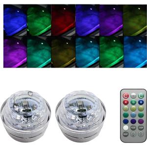 2PCS Mini Submersible LED Lights for Car, Waterproof Underwater Flameless Accent Light with Remote Control, Battery Operated Multicolor Changing Light for Vehicle Interior