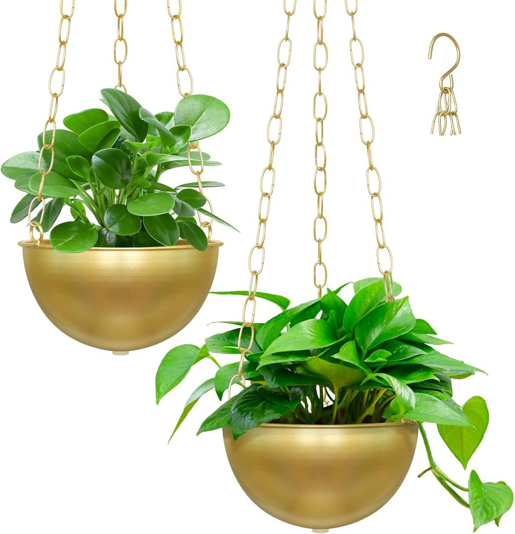 Sinolodo Hanging Pots for Plants Indoor, Gold 6.3'' Hanging Planters with Drainage and Metal Chain, Boho Indoor Plant Hanger for Home, Office, Balcony, Patio, Windor(Pack of 2, Brass)
