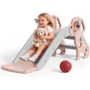 BIERUM Toddler Slide, 4 in 1 Kids Slide for Indoor Outdoor, Slide with Basketball Hoop & Ring Toss, Puppy Shaped Playset for Toddlers Age 1-3, Pink Gray