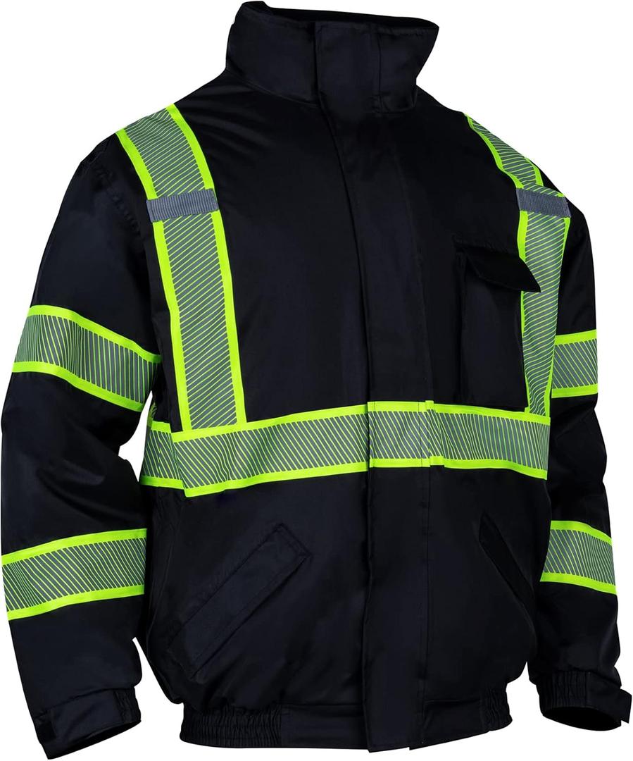 VENDACE Hi Vis Reflective Safety Winter Jackets for Men Polar Fleece Lining ANSI Class 1 High Visibility Jacket Black(Black,L)
