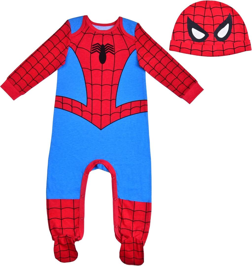Marvel Spider-Man Boys Long Sleeve Footie Romper and Hat Set for Newborns and Infants (18 Months, Red)