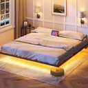 HOOBRO Floating Bed Frame King Size, Bed Frame with Charging Station and LED Lights, Industrial Style Metal Platform King Bed, Soundless, No Box Springs Needed, Black
