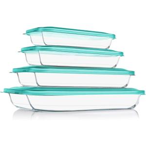 KOMUEE 8 Pieces Glass Baking Dish with Lids Rectangular Glass Baking Pan Bakeware Set with BPA Free Lids, Baking Pans for Lasagna, Leftovers, Cooking, Kitchen, Fridge-to-Oven, Green