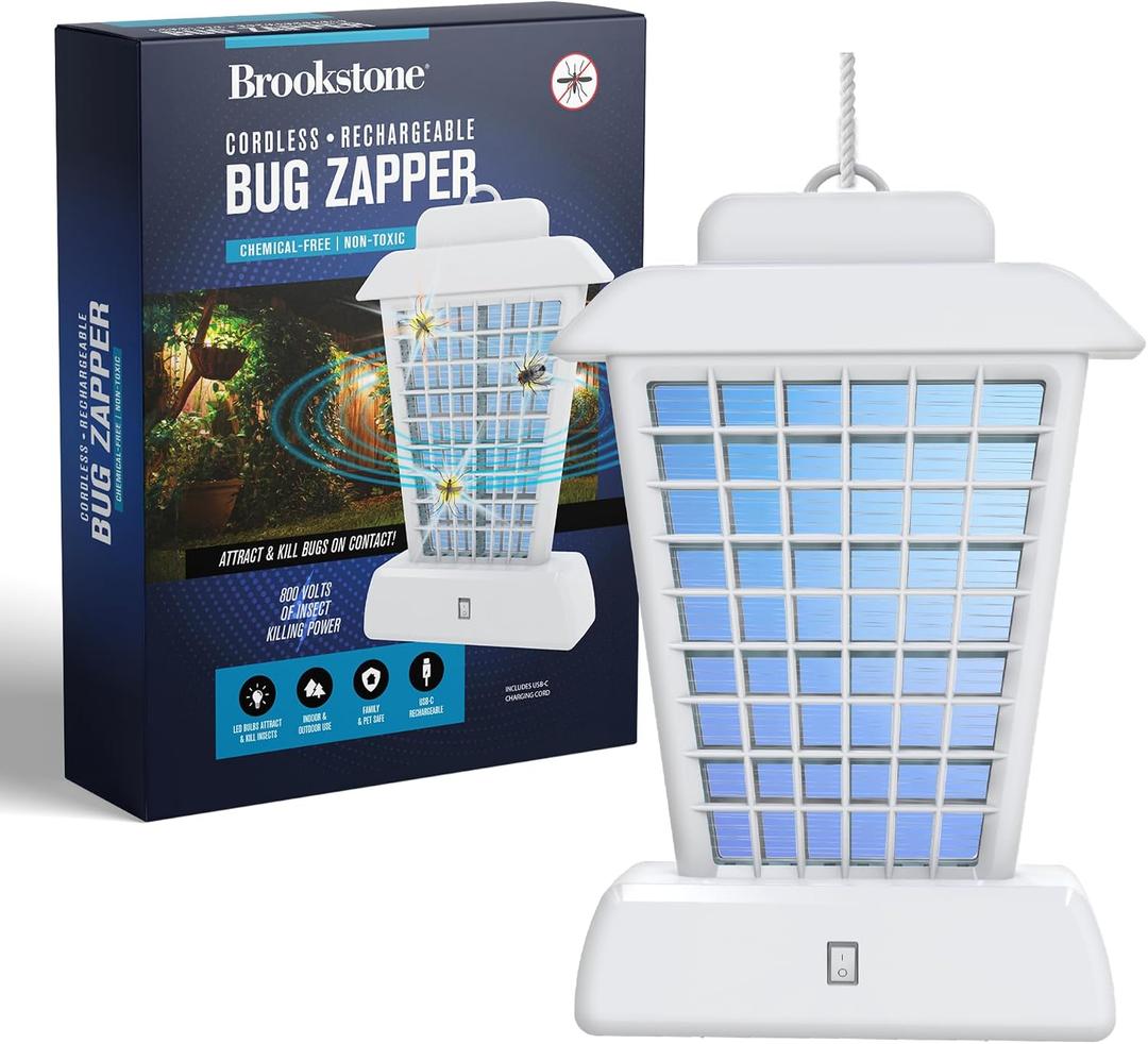 Brookstone Lantern Bug Zapper - Cordless & Rechargeable, 800V Stainless Steel Grid, 4 UV LEDs, Indoor/Outdoor Insect Killer, Safe for Children & Pets