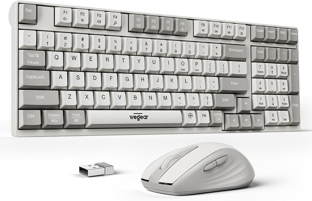 2.4G Wireless Keyboard and Mouse Combo with Silent Touch, One-Key to Switch Windows, Mac OS, Quiet Soft Click, Compact Full-Size (98 Keys) Typewriter Keyboard for PC, Desktop, Laptop, MacBook- White