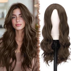 FESHFEN Long Medium Brown Wigs for Women, 24 inch Middle Parting Synthetic Wavy Wig for Daily Party
