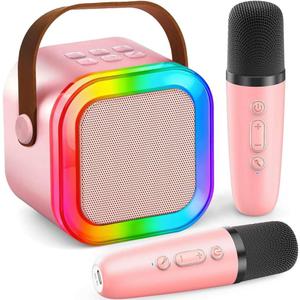 Mini Karaoke Machine for Kids Adults, Portable Bluetooth Speaker with 2 Wireless Microphones, LED Lights, Singing System for Family Home Party, Voice Changer, Boys Girls Karaoke Machine with Speaker