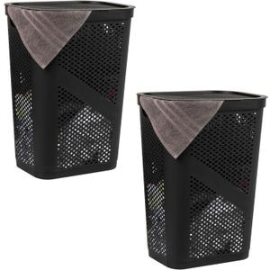 Mind Reader 60L Slim Laundry Hamper, Clothes Basket, Lid, Ventilated, Plastic, Set of 2, Black