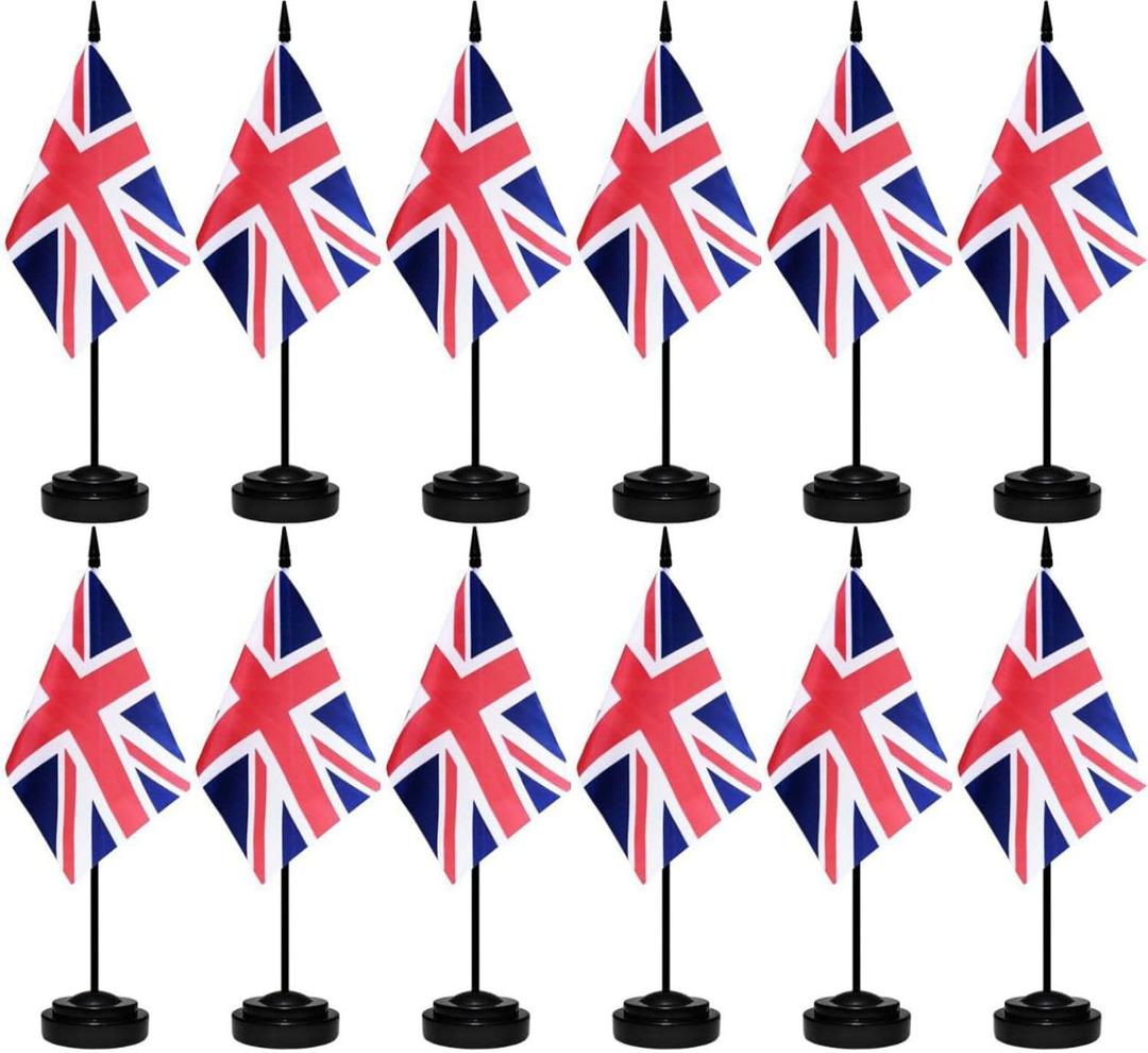 12 Pcs United Kingdom Desk Flags Set, British Small Mini Table Office Mini Desktop Flag With Black Flagpole and Black Base For Home Office Decoration,138Inches