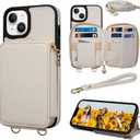 Keallce Case for iPhone 14 6.1'' Case Wallet, Crossbody Zipper Purse with RFID Blocking Card Slots Kickstand, Detachable Lanyard & Handstrap Flip Folio Leather Phone Cover for iPhone 14, Beige