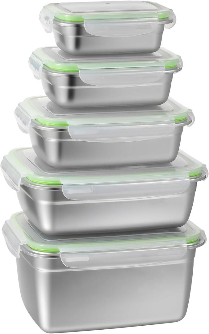 Stainless Steel Storage Containers with Lids | Leak Proof Stackable | Set of 5 Containers for Freezer Fridge Oven Dishwasher Safe