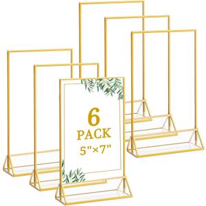 Floroom 6 Pack 5x7 Inch Clear Acrylic Sign Holders, Double-Sided Gold Display Stand Picture Frames for Table Numbers, Menus, Flyers, Weddings, and Offices