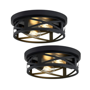 2 Pack Black Flush Mount Ceiling Light,Industrial Farmhouse Metal Cage Black Light Fixtures Ceiling Mount for Kitchen Entryway Hallway E26 Base (10.63in)