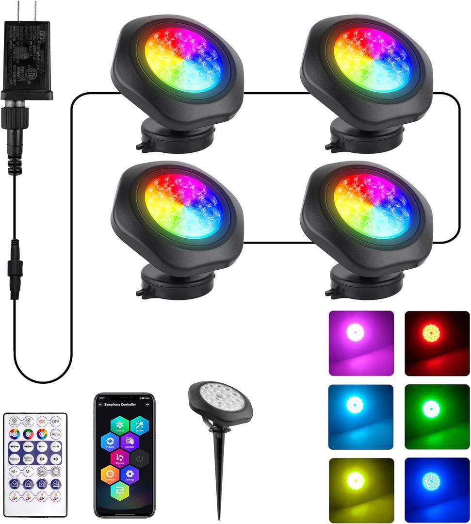 T-SUN Pond Lights LED Underwater 16M Colors with App and Remote, Submersible Fountain Light with Timer and Dimmable, Music Sync, Outdoor Spotlights for Koi Pond, Garden, Yard (Set of 4)