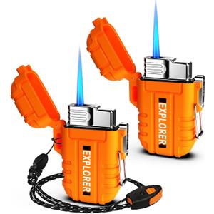 Waterproof Butane Torch Lighter Refillable Windproof Jet Flame Lighters for Fireplace Fireworks Grill Camping BBQ Lighter Gift for Man,2 Pack (Without Gas) (Orange+Orange)