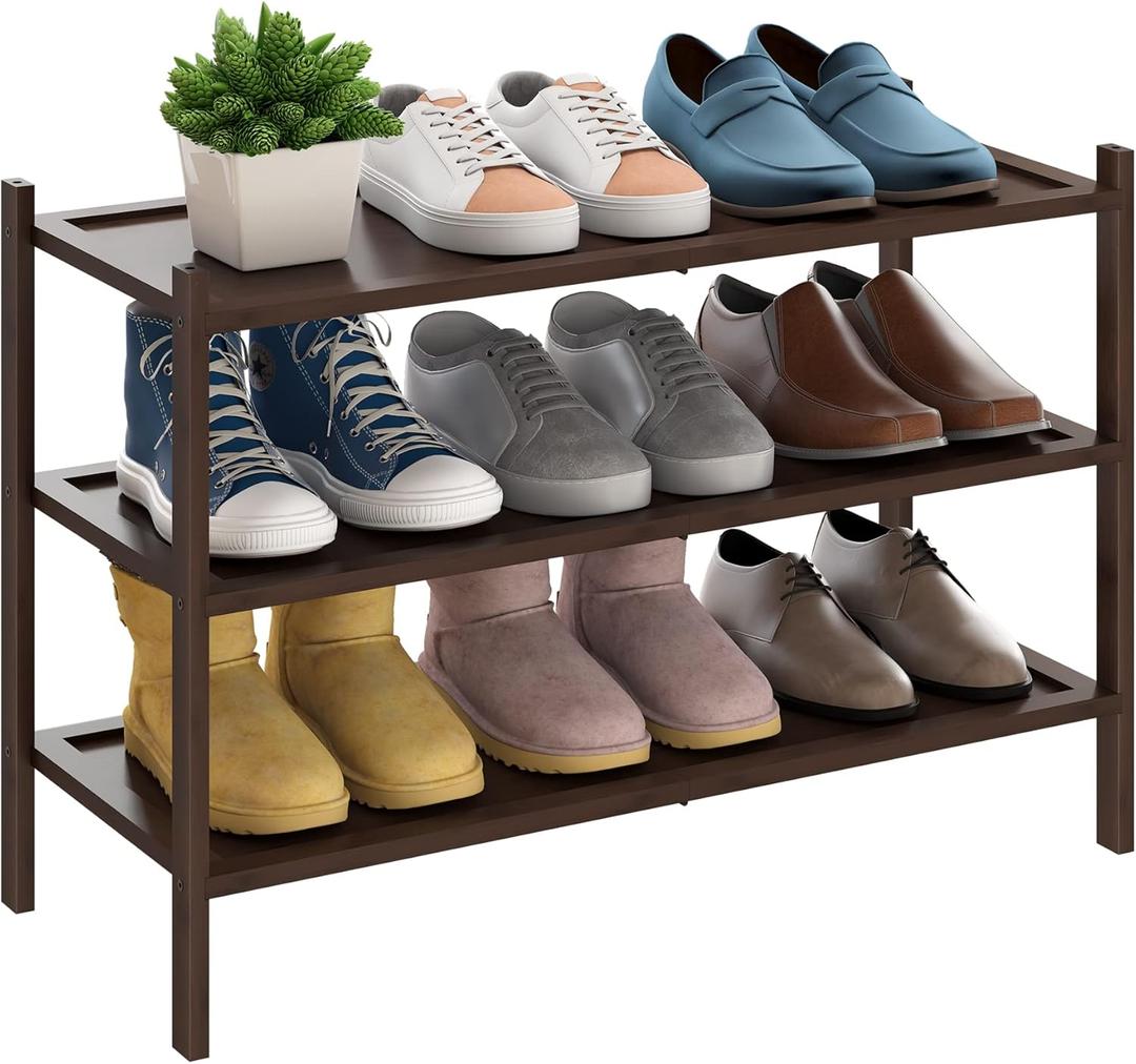 BMOSU 3-Tier Bamboo Shoe Rack Premium Stackable Shoe Shelf Storage Organizer for Hallway Closet Living Room Entryway Organizer(Brown) (3-Tier27*11*18.3inches)