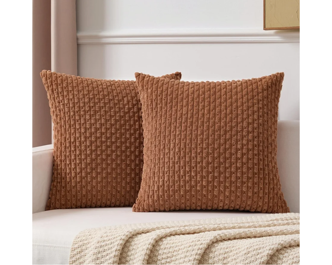 Kevin Textile Fall Decorative Pillow Covers Set of 2 Striped Plush Corduroy Pillows Pillowcases Boho Home Decor Cushion Covers for Couch Sofa Bed Living Room 18x18 Inch, Burnt Orange