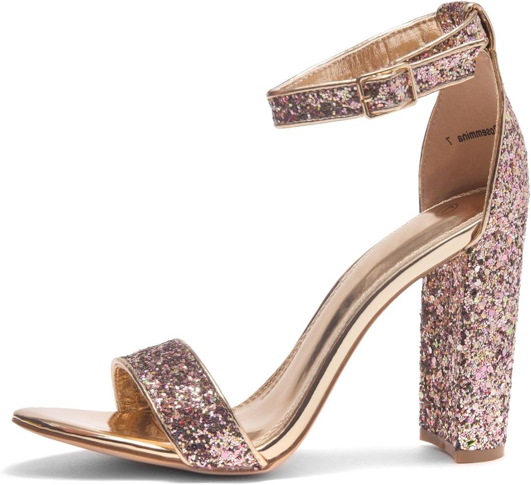 Herstyle Womens Chunky Block Heels  Open Toe Ankle Strap Sandals, 3.75 Inch High Heels for Wedding, Party & Dressy Occasions  Comfortable Strappy Dress Shoes (6, Rosegoldglitter) Herstyle Womens Chunky Block Heels  Open Toe Ankle Strap Sandals, 3.75 Inch High Heels for Wedding, Party & Dressy Occasions  Comfortable Strappy Dress Shoes (6, Rosegoldglitter)
