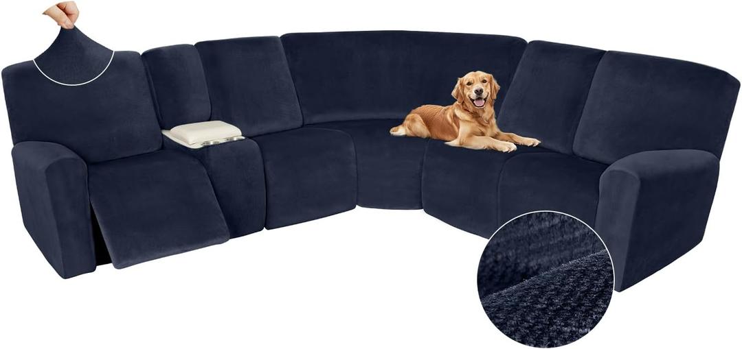 Arfntevss Sectional Recliner Couch Covers Velvet Washable Corner Sectional Sofa Cover for Reclining Stretch Soft Thick L Shape Recliner Slipcover Set (5 Seat with 1 Console Cover, Dark Blue)