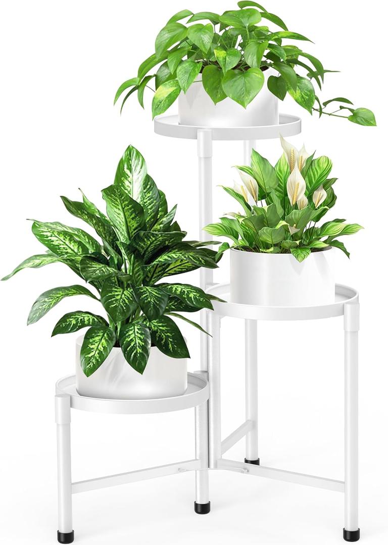 3 Tier Plant Stand Indoor, Metal Plant Shelf Outdoor, Foldable Corner Tall Plant Rack for Multiple Plants, Flower Pot Holder Display Stand for Living Room Patio Home Decor for Gardening White
