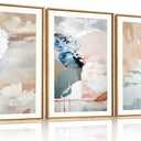 Large Abstract Brush Strokes Framed Canvas Wall Art,Neutral Navy Blue Wall Decor,Modern Pastel Wall Painting,Grey White Toned Artwork for Living Room,Bedroom,Dining Room,Office -24"x36"x3