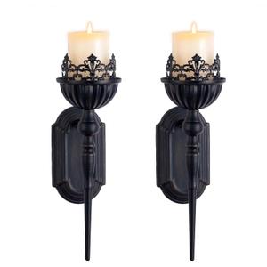 Gothic Wall Sconce Candle Holder (Set of 2) Black Crown and Scepter Design Wall-Mount Metal Candle Holders Hanging Iron Wall Candle Sconce Holder for Living Room, Bathroom, Dining Room