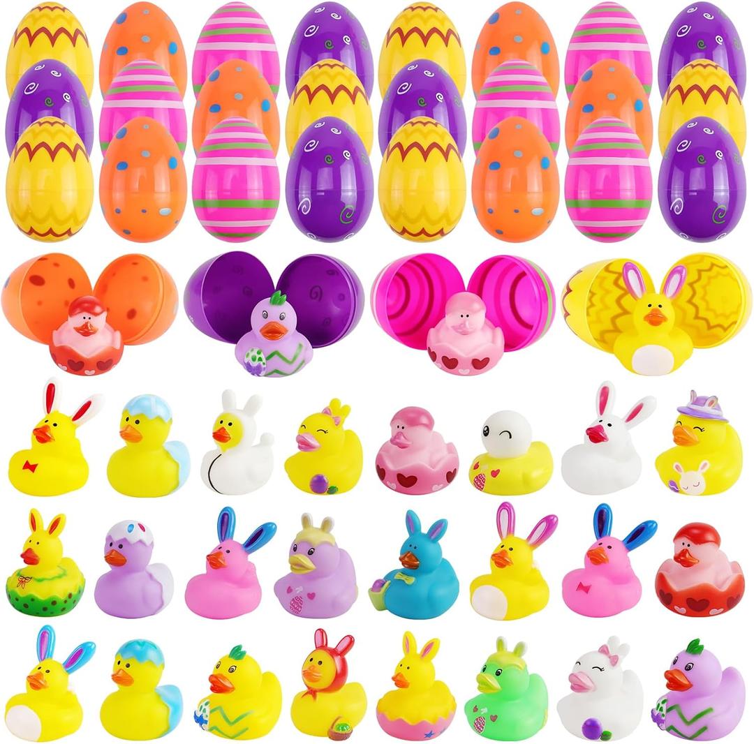 24pcs Prefilled Easter Eggs with Toys, Printed Plastic Easter Eggs with Rubber Ducks Bunny Ear Rabbit Eggshell Rubber Duckies, Easter Basket Stuffers Egg Hunt Gifts for Kids