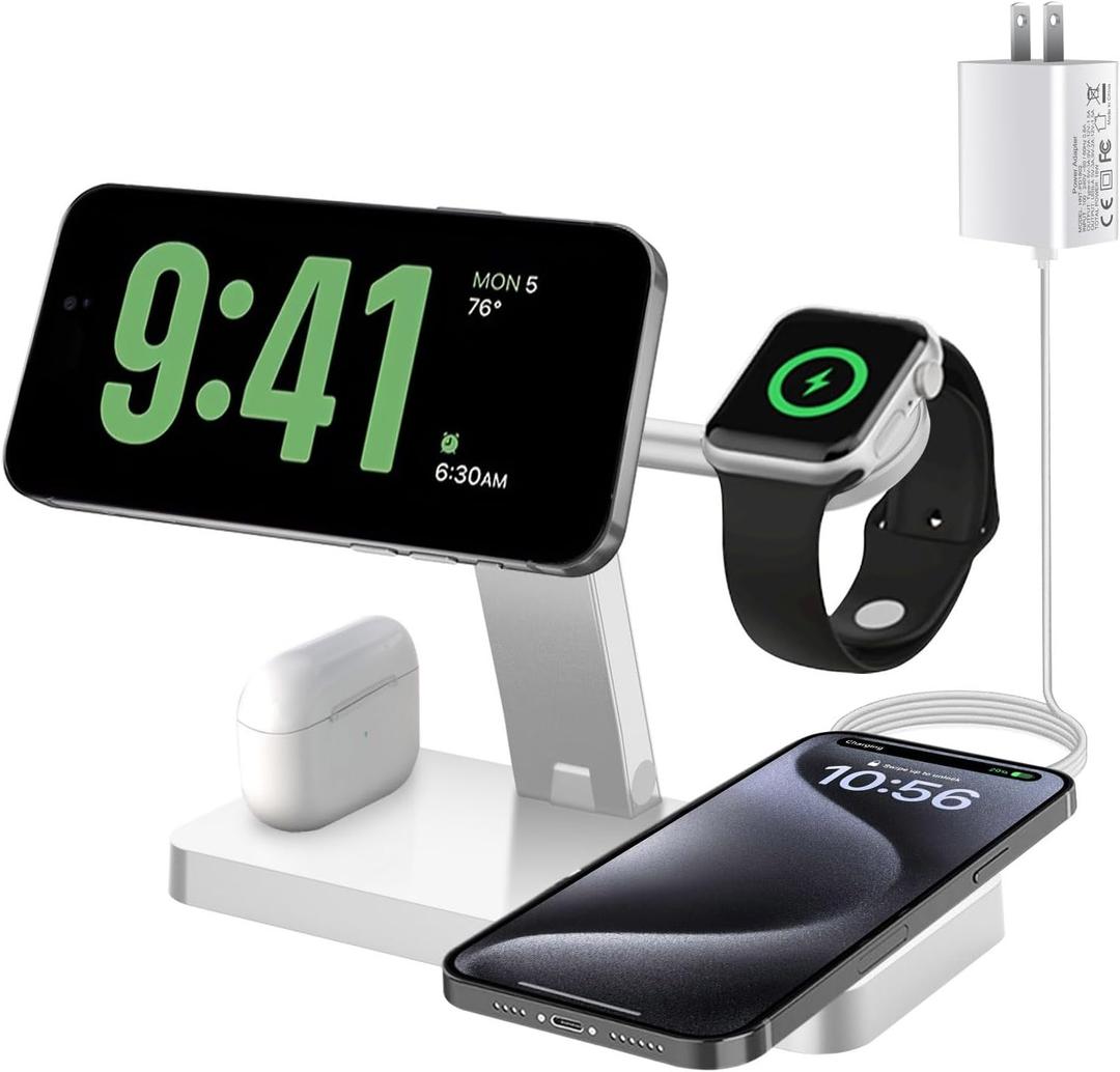 Magnetic Charging Station,PDKUAI for MagSafe 4 in 1 Fast Wireless Charger Stand for iPhone 16,15,14,13,12 Pro/Max/Mini/Plus,Apple Watch 10/9/8/7/6/SE/5/Ultra and Airpods Pro/4/3 with Adapter-White