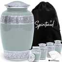 Set of 3 Stunning Cremation Urns for Human Ashes Adult Female or Male - Hand Engraved Cremation Urn Set of 3with 1 Large Urn for Ashes with 2 Matching Mini Urns, Funnels & Bags (Olive Rest Color)