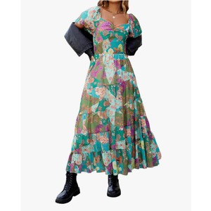 Women Floral Maxi Dress Short Puff Sleeve V Neck Bohemian Flowy Dress Smocked Casual Spring Summer Dresses S