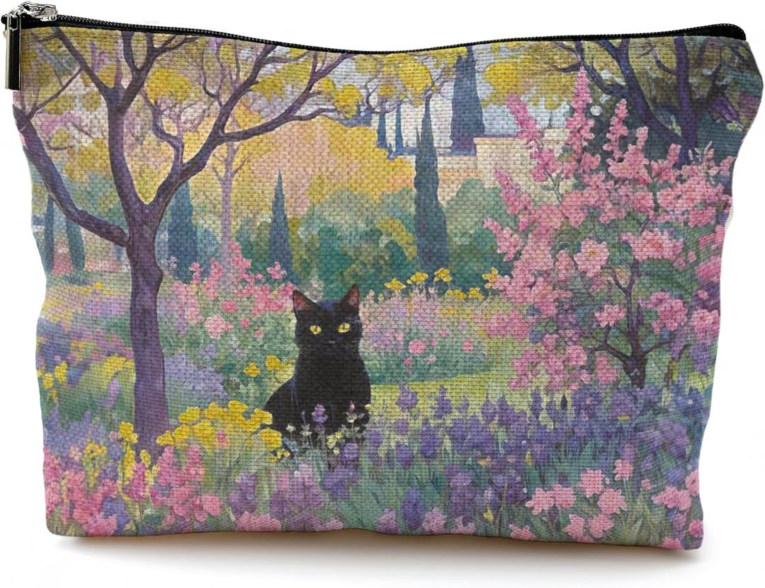 Flower Garden Black Cat Makeup Bag, Black Cat Gifts Cosmetic Bags for Women, Cats Lover Lady Mom Grandma Gifts, Wildflower Botanical Kitty Kitten Zipper Makeup Pouch