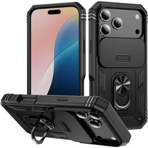 For iPhone 17 Pro Case with All-Angle Rotating Kickstand & Sliding Camera Cover - Heavy Duty Shockproof Protective Cover, Black