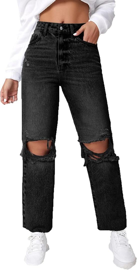 SweatyRocks Women's High Waist Ripped Distressed Cropped Jeans Straight Leg Denim Pants, M