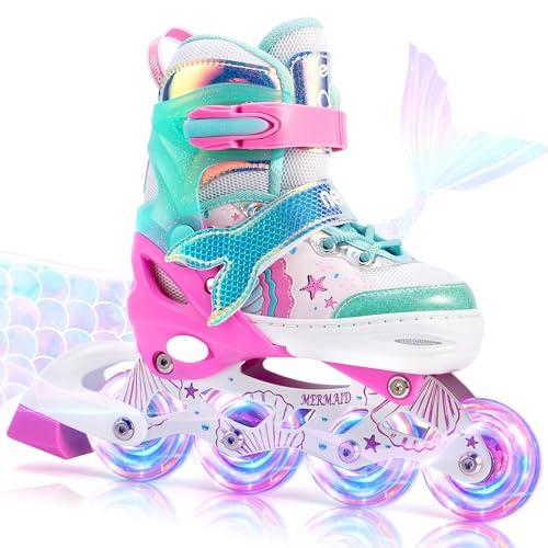 NEMONE Mermaid Inline Skates, 4 Sizes Adjustable Skates for Girls Kids with Light up Wheels, Indoor Beginner Outdoor for Kids Ages 4-6 5-8 6-12 8-12 Size M