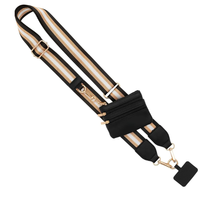 Save the Girls Clip & Go Bold Phone Strap (Stripe Black/Gold/White - Black Pouch) – Crossbody Phone Strap Chain with Zipper Wallet Pouch – Phone Lanyard with Zippered Pouch