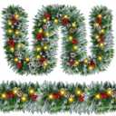 Christmas Garland with Lights - 9FT Pre-Lit Flocked Garland with 30 LED Bulbs, Red Berries, Pine Cones, Artificial Pine Battery Operated Garland for Fireplace, Staircase, Indoor & Outdoor Decoration
