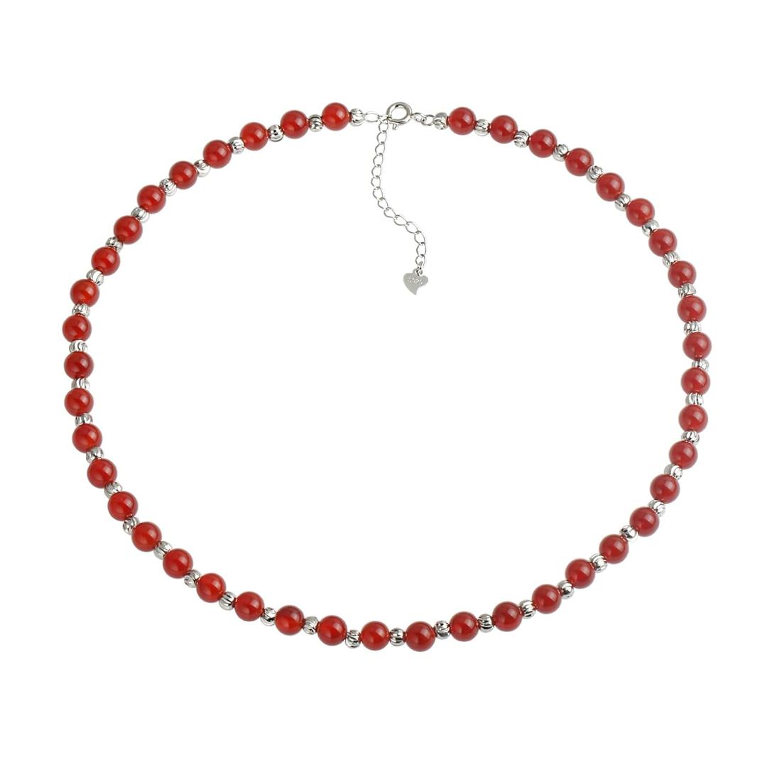 Natural Red Agate Choker Necklace Sterling Silver 6MM Round Beads Mixed Pumpkin Beads Strand Necklace for Women (6 MM //45+5 CM, Red Agate Mixed Pumpkin Beads)