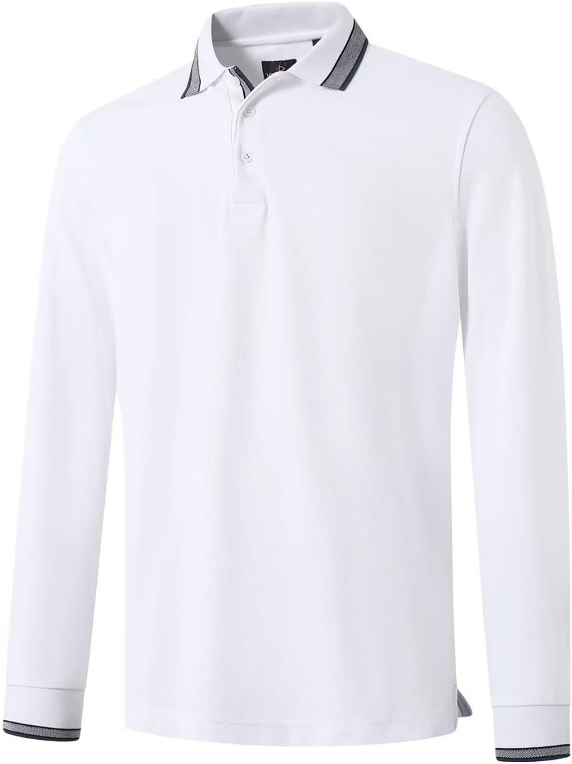 Men's Pique Polo Shirts Long Sleeve Cotton Blend Tipped Casual Collared Polo Shirts Business Classic Fit (White, XXL)
