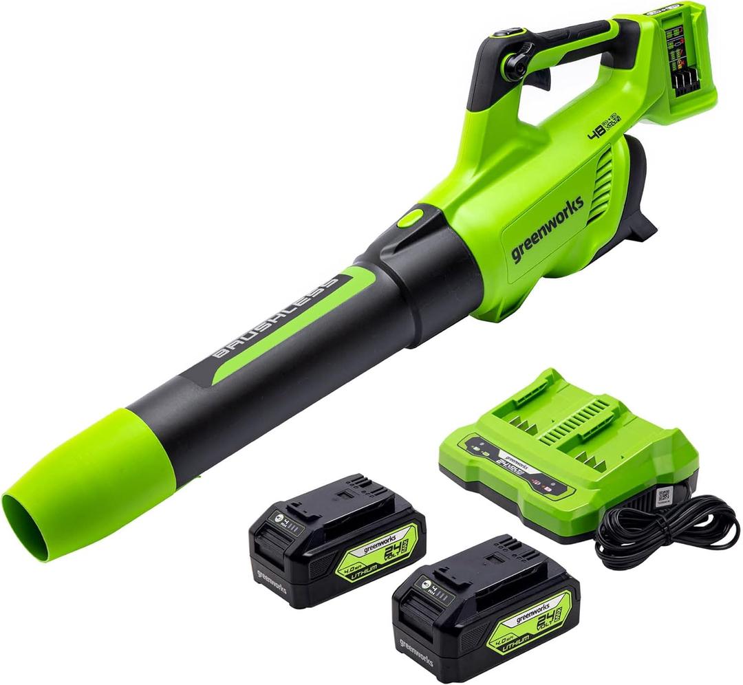 Greenworks 48V (24V x 2) Cordless Brushless Axial Leaf Blower (140 MPH / 585 CFM / 200+ Compatible Tools), (2) 4.0Ah Batteries and Dual Port Rapid Charger Included