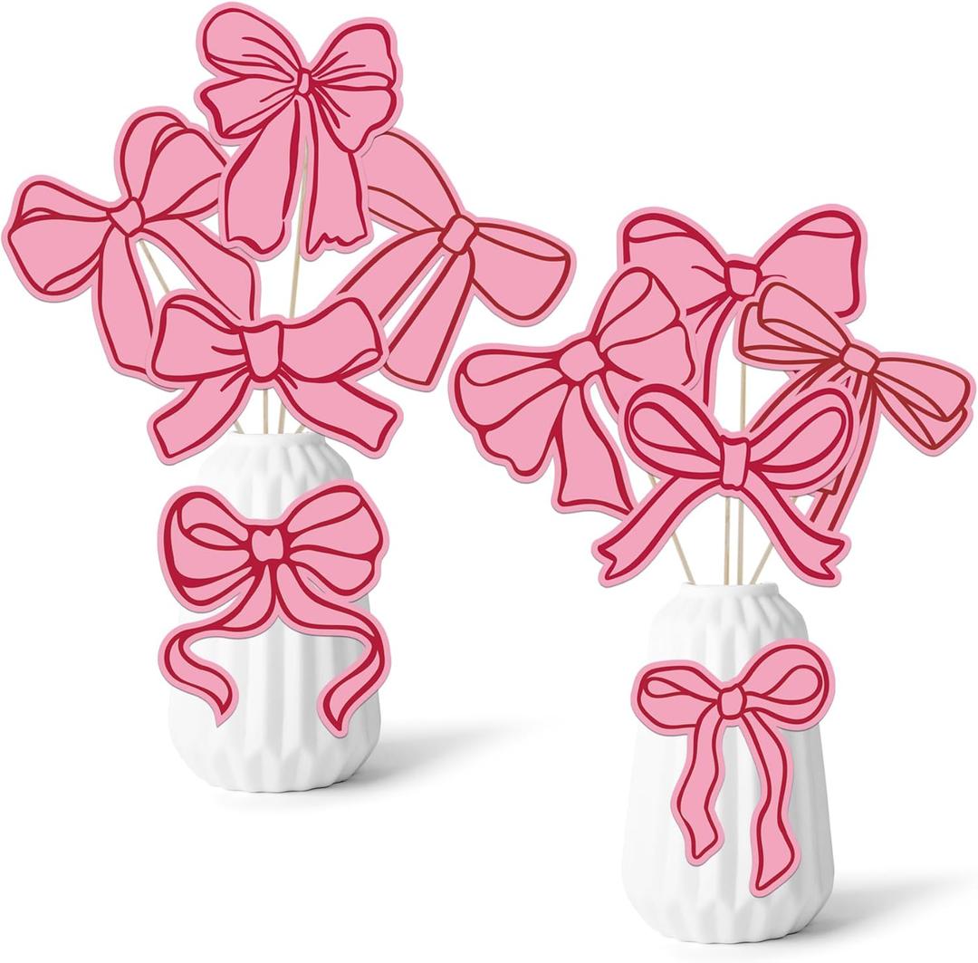 Pink Bow Party Decorations - 10PCS Bow Party Centerpieces Stick for Bachelorette, Coquette Birthday Party, Wedding, and Photo Booth Props