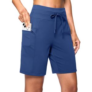 Women's 7" Athletic Hiking Long Shorts with Pockets High Waisted Stretchy | Bermuda Shorts for Women, Workout, Casual (Blue, XL)