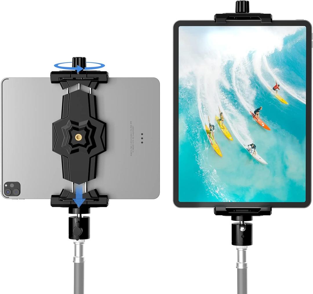 KDD iPad and Phone Tripod Mount Adapter with Ball Head, iPad Holder for Tripod, 360 Rotatable Tablet Clamp Mount fits iPad Pro 12.9, Air Mini 3 4, Galaxy Tab, Surface Pro, Selfie Stick(5.3-10.6") (Black)