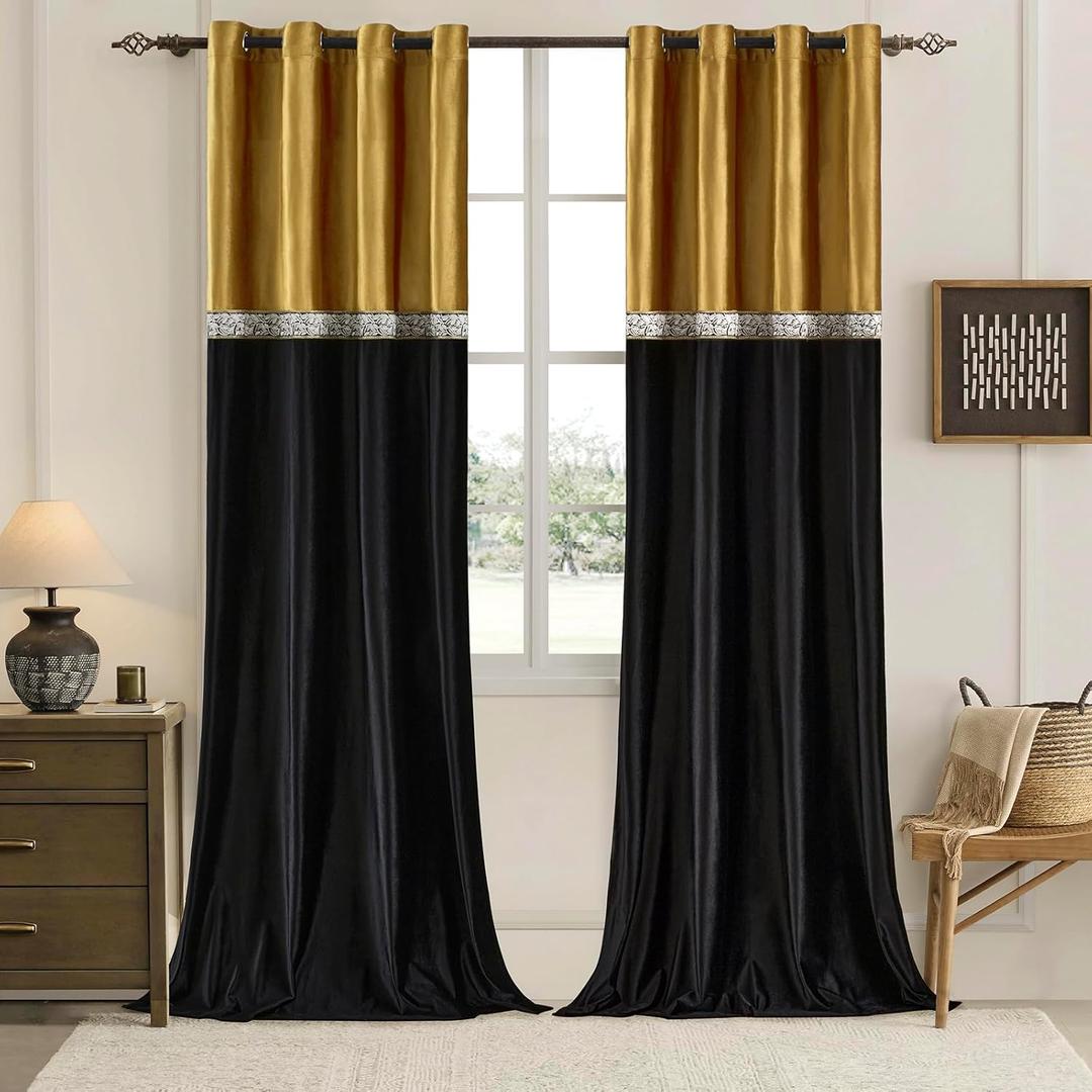 Velvet Curtains Drapes for Living Room 90 Inches Vintage Window Treatment Gold Black Curtain Embroidered Floral Drape Blackout Retro Curtains 2 Panels Set