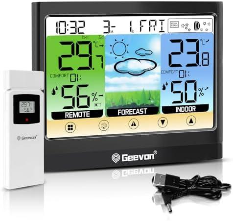 Geevon Weather Stations Wireless Indoor Outdoor Thermometer Hygrometer with Dew Point, Heat Index, Touch LCD Display Digital Weather Thermometer with Alarm Clock and Adjustable Backlight